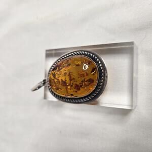 Vintage Honey Amber Cabochon Sterling Silver Rope Twist Bezel Pendant Necklace